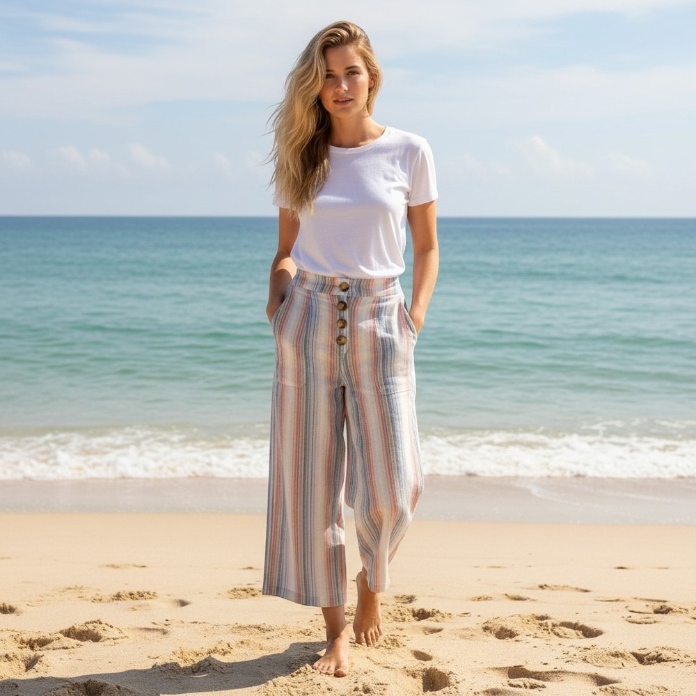 Lascana Womens Wide Leg Pants Size 14 Striped Button Soft Boho Beach ResortWear